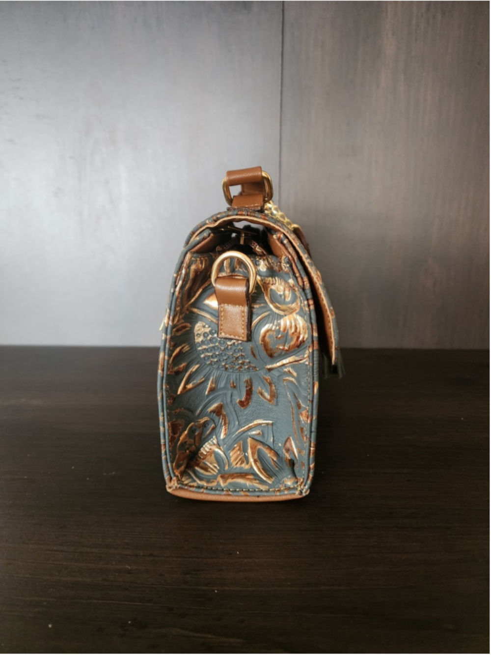 Grayish Navy Blue GOLD Sunflower Embossed Tooled Artisan Leather Crossbody Purse - Picture 6 of 16